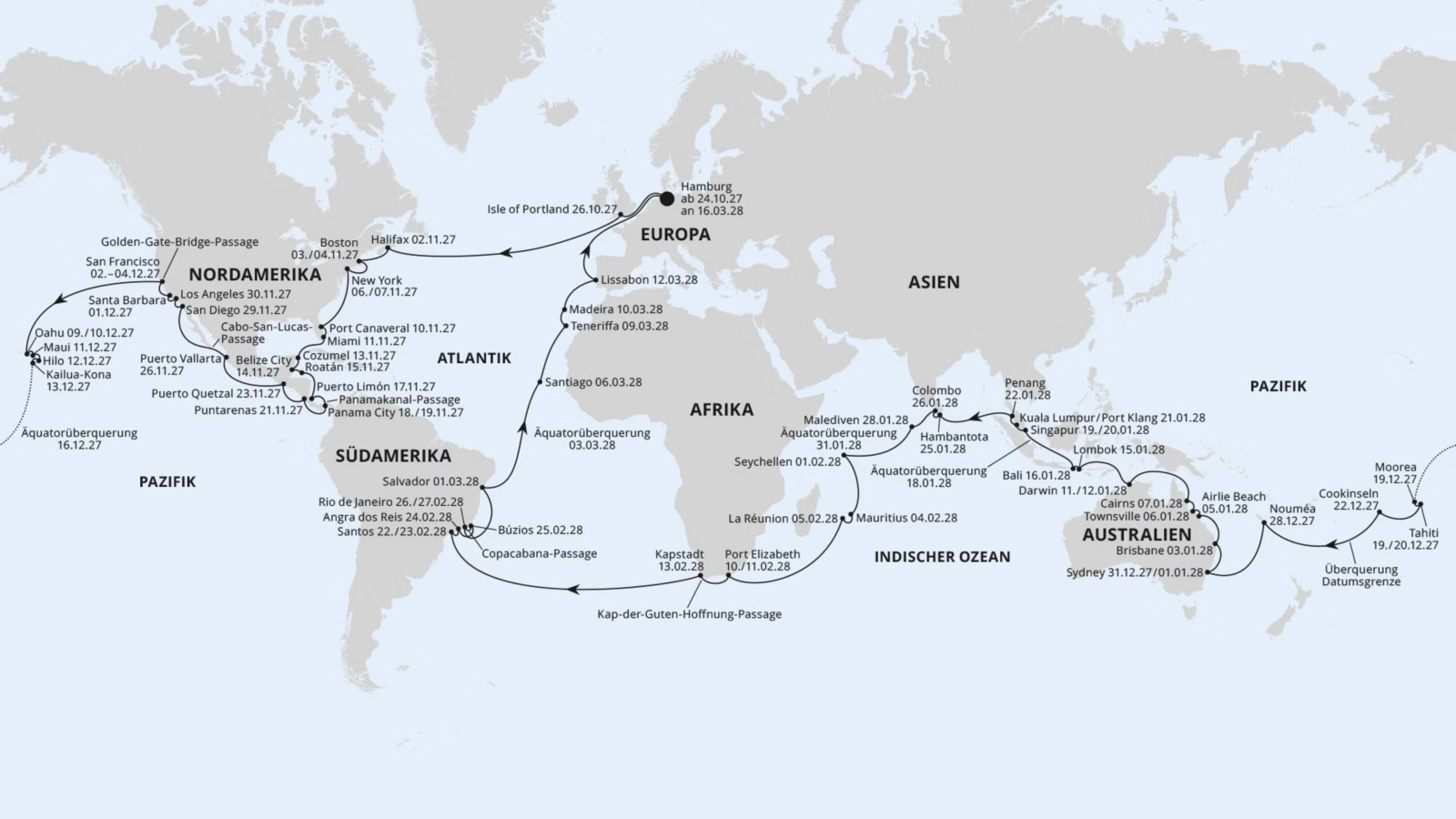 144 Nächte AIDA Cruises Weltreise 2027 mit AIDAdiva ab/bisHamburg